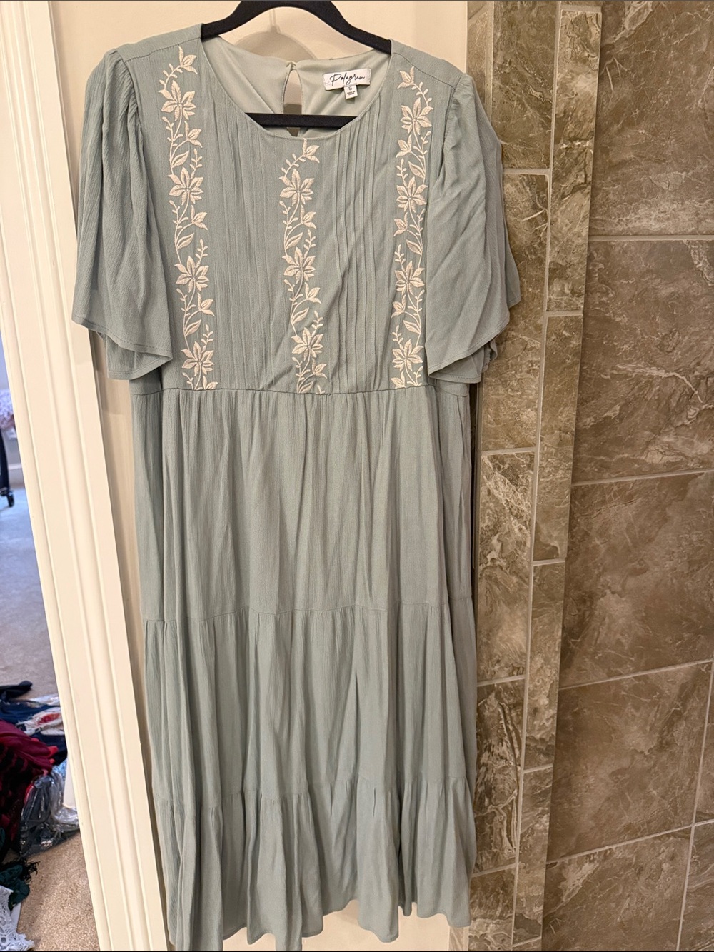 Polagram Sage Green Embroidered Midi Dress
